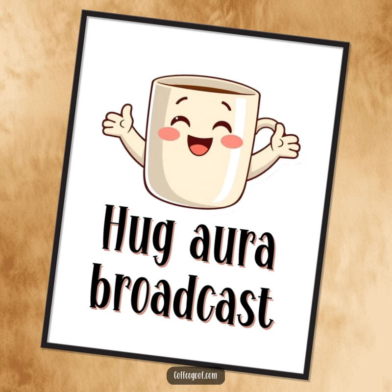 Funny digital art print of a smiling coffee mug with its arms wide open, inviting a hug. Instant download for cheerful home or office decor.
