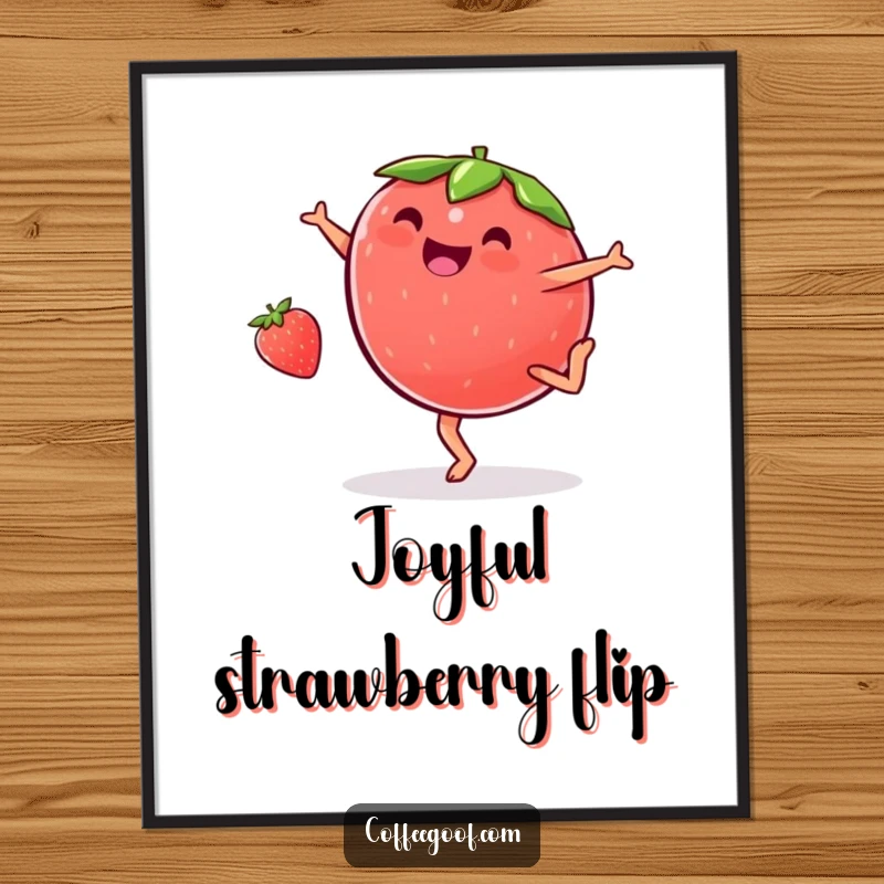 Funny plump strawberry digital art print, doing a cartwheel with glee, perfect for adding a vibrant and humorous touch to digital displays.