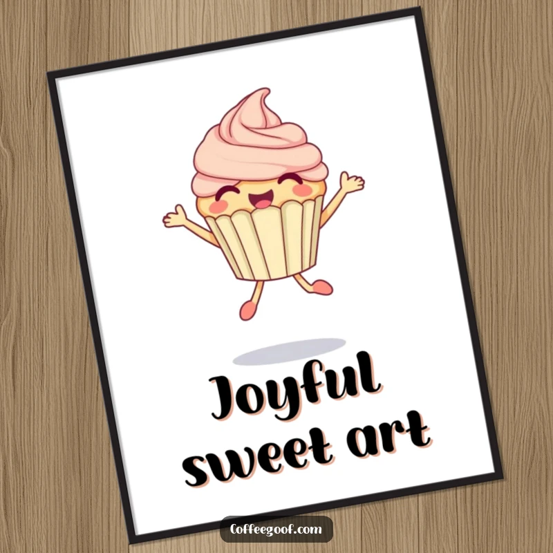 Funny Cupcake Digital Art Print of a delighted anthropomorphic cupcake performing a bubbly jump, ideal for instant wall decor.