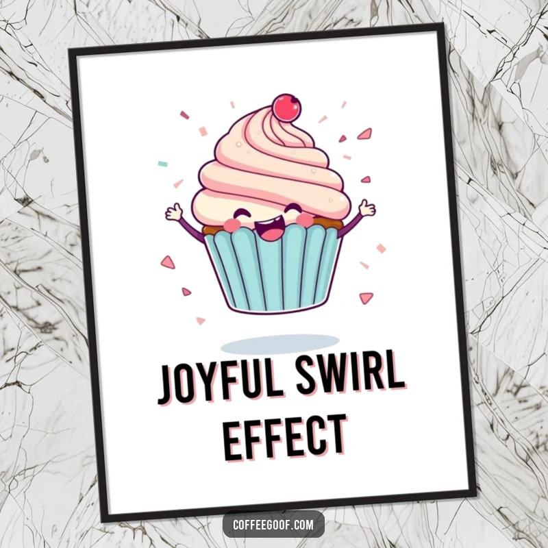 Funny digital art print of a delighted cupcake character spinning, icing flying like confetti, a joyful and humorous piece for instant decor.