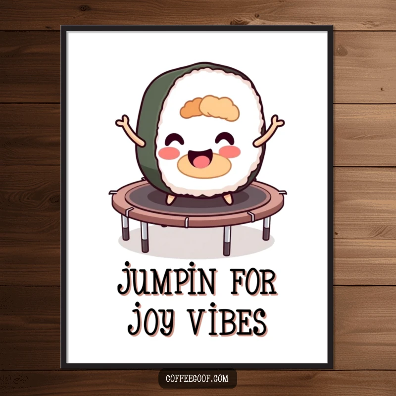 Funny sushi roll character energetically bouncing on a trampoline, available as a high-resolution digital art print.
