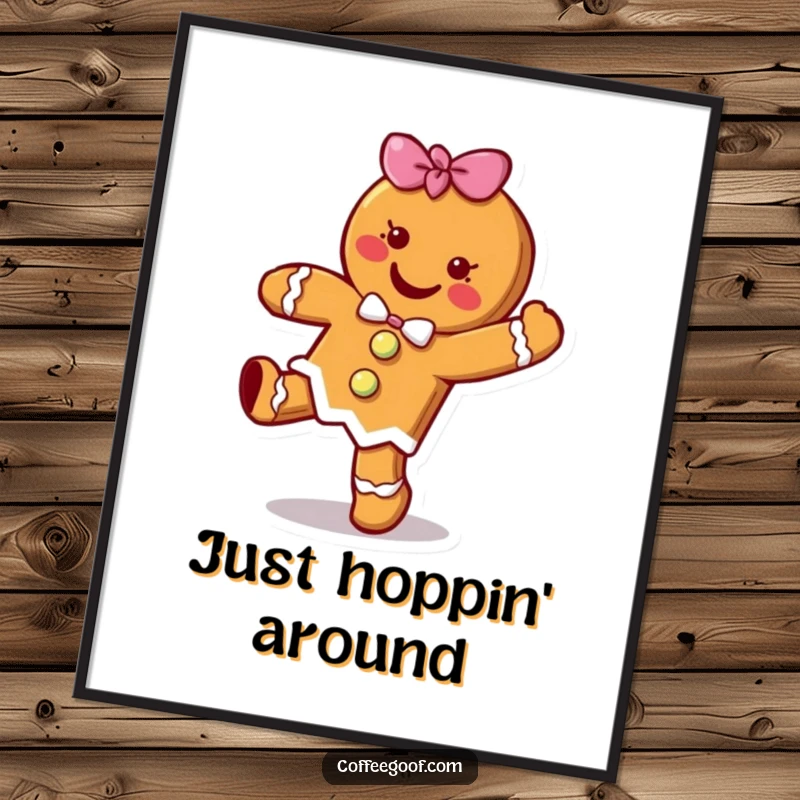 Funny cheerful gingerbread cookie character doing a happy little hop, as a high-resolution digital art print, showcasing holiday cartoon fun