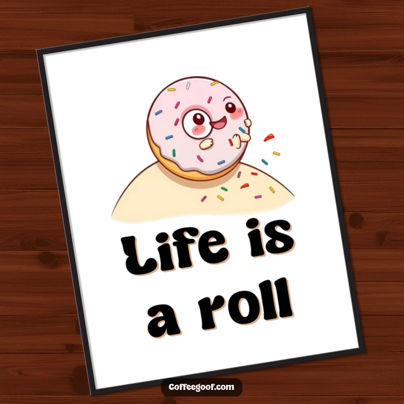 Funny digital art download of a giggling donut character joyfully rolling down a hill, scattering colorful sprinkles, charming decor.