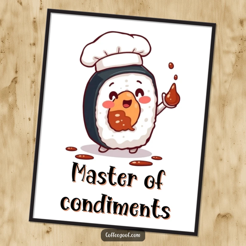 Funny digital art print of a sushi roll character, chef hat askew, juggling soy sauce bottles with a comical expression, ready to be framed.