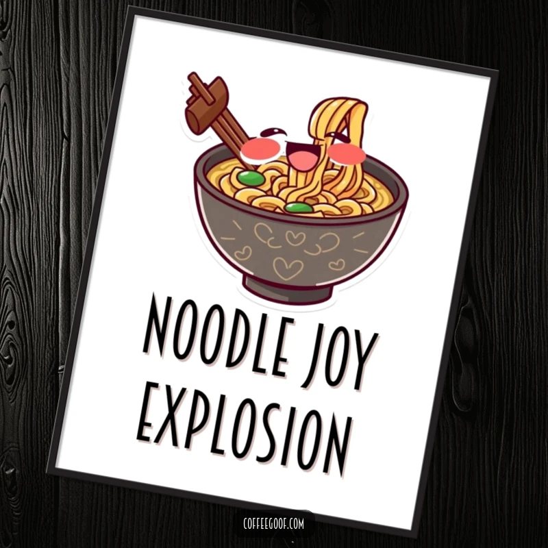 Funny digital art print of a gleeful ramen bowl character slurping noodles with exaggerated delight, a humorous and appetizing piece.