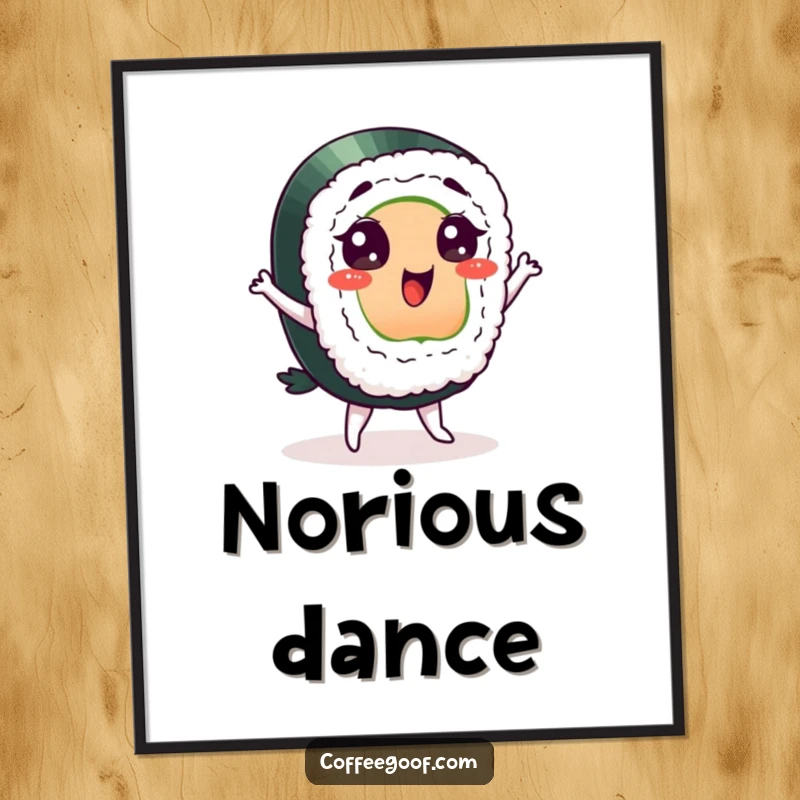 Funny sushi digital art print, a delighted character performing a silly dance, perfect for adding whimsical and fun decor.