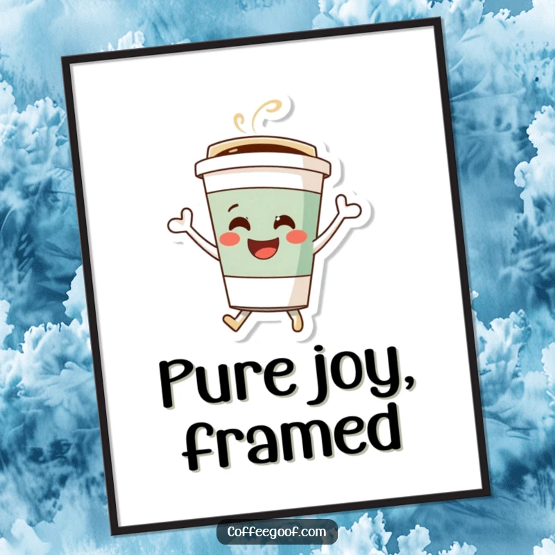 Funny coffee cup digital art print, a cheerful character depicted bouncing with energy and pure delight, ready to be printed.
