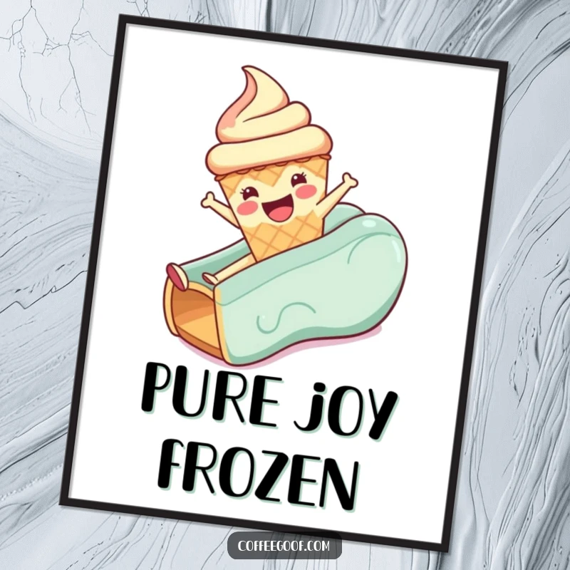 Funny digital art print of an anthropomorphic ice cream cone captured mid-slide, radiating pure, infectious happiness.