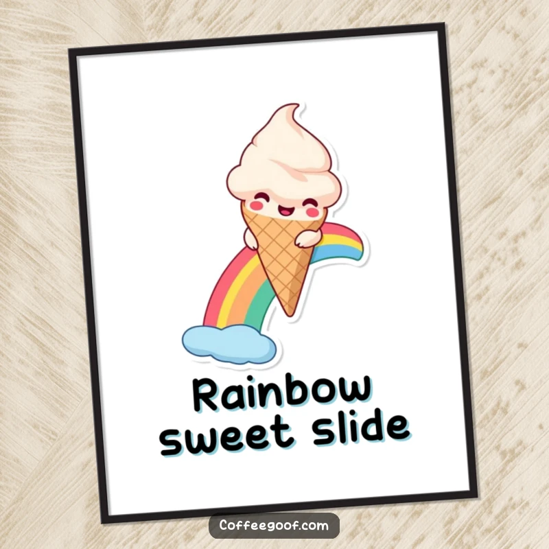 Funny Ice Cream Digital Art Print of a smiling anthropomorphic ice cream cone sliding down a rainbow, ideal for instant wall decor.
