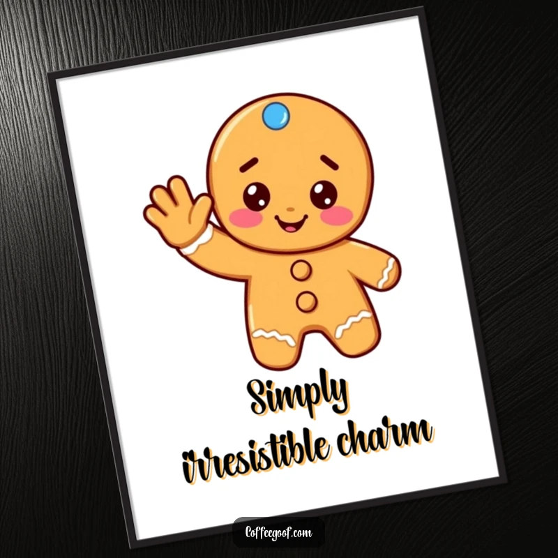 Funny gingerbread digital art print of a cheerful cookie giving a friendly wave, ready to bring holiday cheer to your walls.