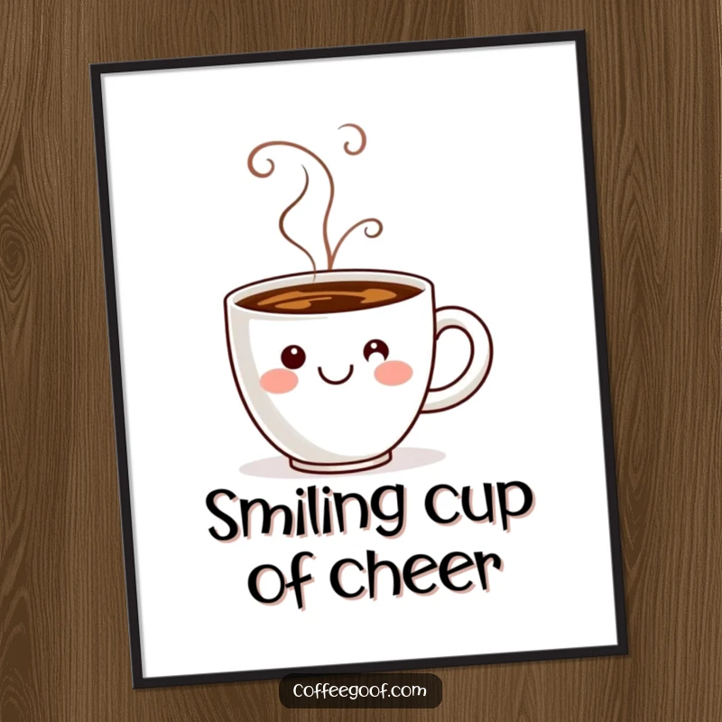 Funny coffee cup with steam forming a smiley face, available as a high-resolution digital art print.