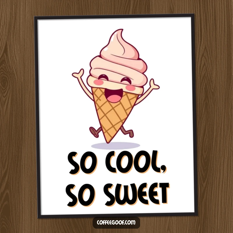 Funny ice cream digital art print of an excited cone doing a happy bounce, ready to add sweet cheer to your space.