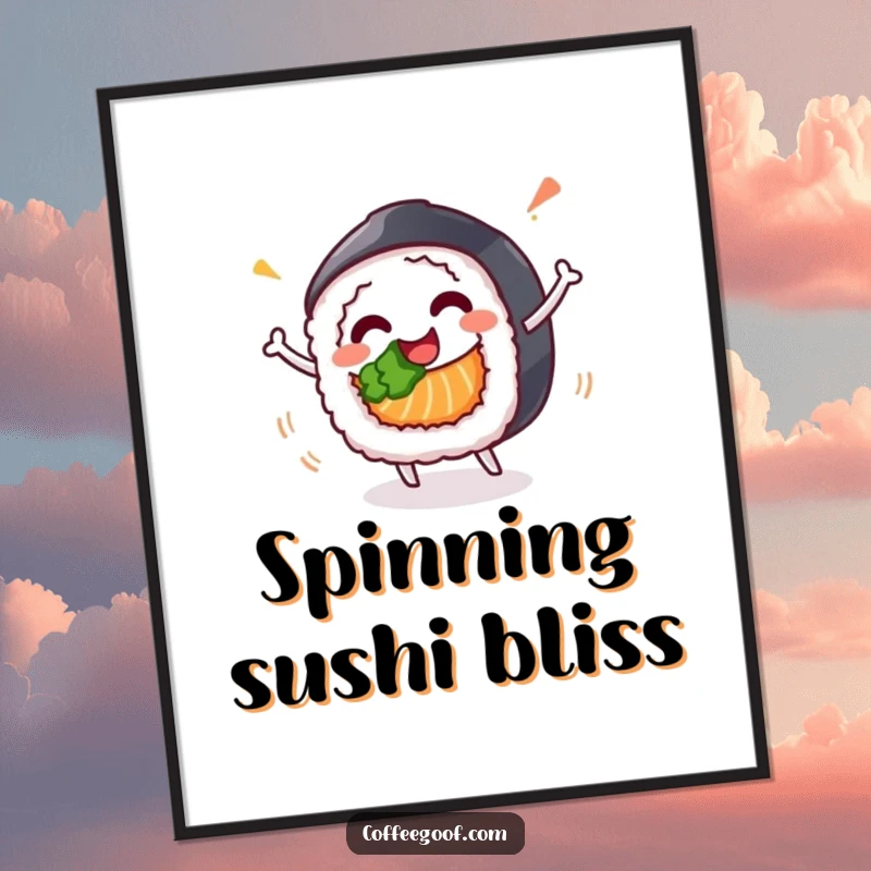 Funny digital art print of a happy sushi roll character in a celebratory spin, perfect for vibrant, humorous, and festive decor.