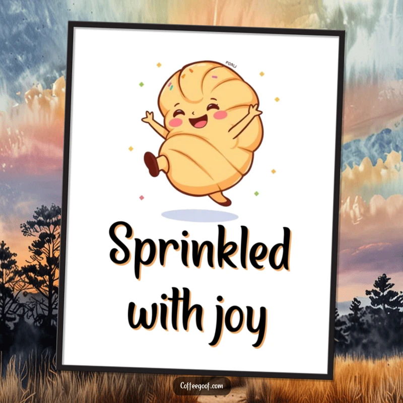 Funny croissant digital art print of a grinning pastry doing a lively cartwheel with sprinkles.