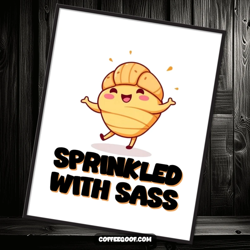 Funny digital art featuring a happy croissant with sprinkles energetically jigging, a vibrant, downloadable piece of pastry art.