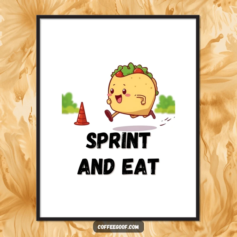 Funny digital art print of a taco with legs sprinting towards a finish line. Instant download for humorous and dynamic wall decor.