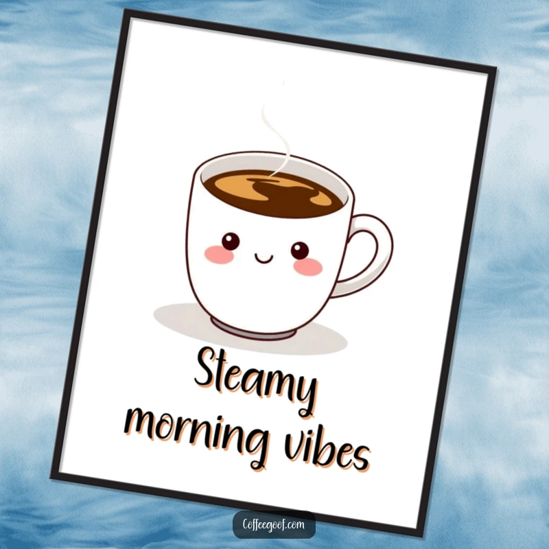 Funny digital art print of a cheerful coffee cup character, showing steam and a wiggling handle, perfect for vibrant, humorous decor.