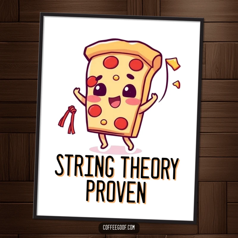 Funny digital art download of a beaming pizza slice character joyfully flinging a long, gooey string of cheese, humorous decor.