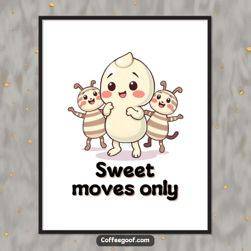 Funny Candy Digital Art Print of a playful candy character doing a little jig with its striped companions, for instant decor.