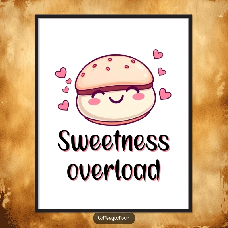 Funny smiling macaroon character with tiny hearts floating around it, as a high-resolution digital art print, showcasing cute cartoon charm