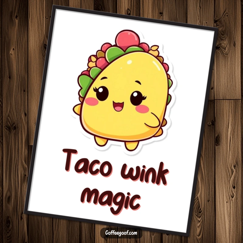 Funny digital art print of a playful taco character, slightly open shell, winking, perfect for vibrant, humorous, and festive decor.