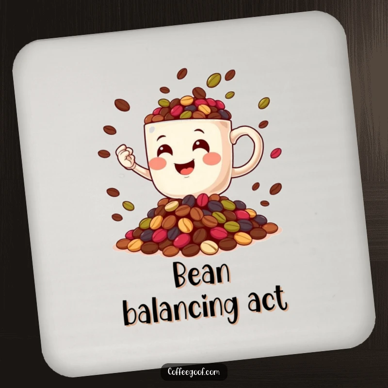 Funny Coffee Mug character juggling coffee beans, featured on a protective drink coaster, adding a humorous touch.
