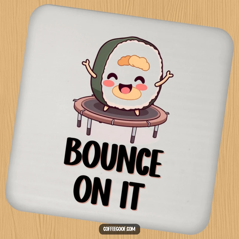 Funny sushi roll character joyfully bouncing on a trampoline, designed as a coaster for surface protection.