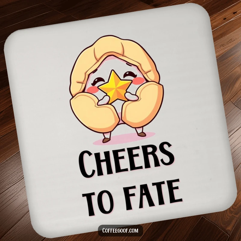 Funny drink coaster with a grinning fortune cookie cracking open to reveal a golden star, offering lucky and humorous surface protection.