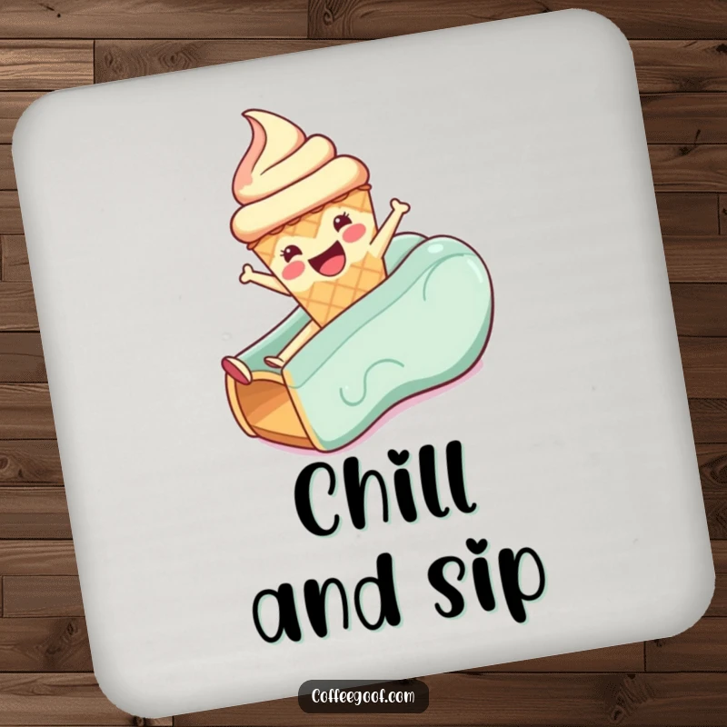 Funny drink coaster showcasing a happy anthropomorphic ice cream cone mid-slide, adding a playful touch to tables.