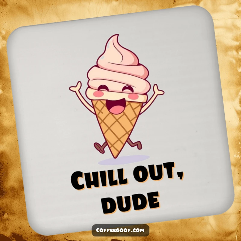 Funny ice cream drink coaster featuring an excited cone doing a happy bounce, protecting surfaces with sweet, joyful style.