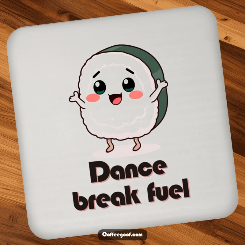 Funny drink coasters set with a lively sushi piece dancing a jig. Protects tables while adding a humorous touch to gatherings.