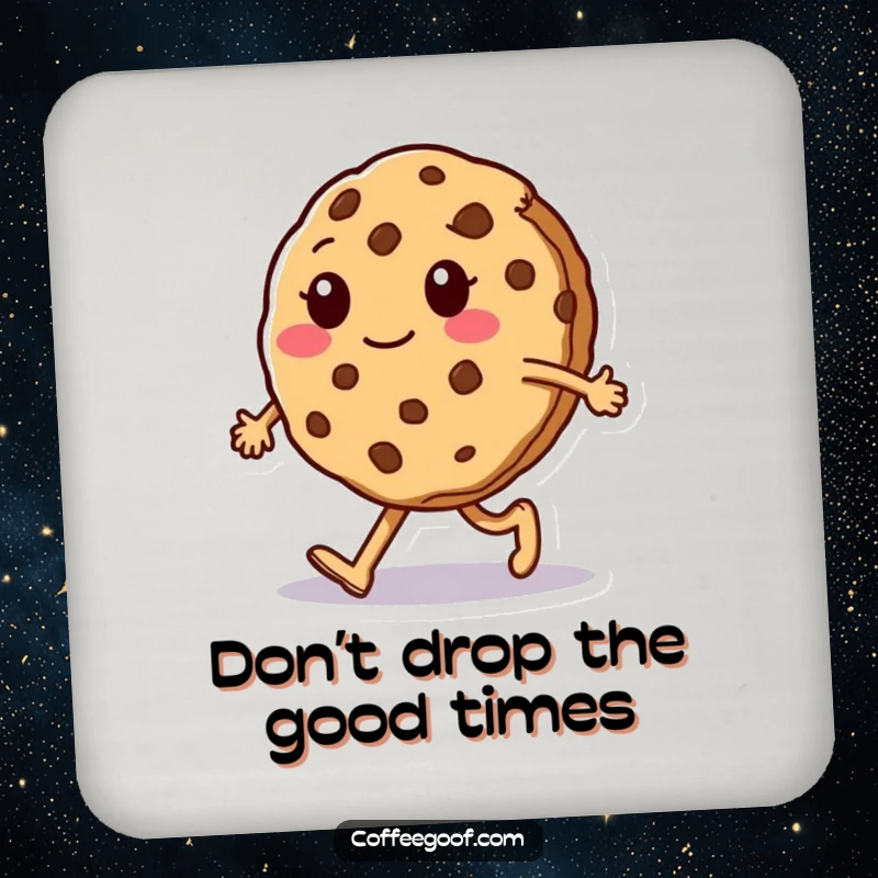 Funny Drink Coaster: A sentient cookie character does a silly walk and crumbles slightly, protecting surfaces with a humorous design.