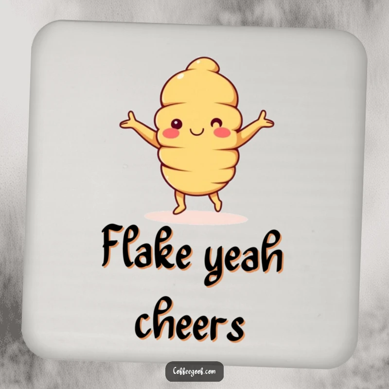 Funny Croissant Coasters: A happy croissant character with arms outstretched, dancing merrily, protecting surfaces with charm.