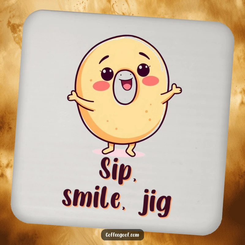 Funny bagel coaster, a smiling character doing a happy jig, designed to protect surfaces with a touch of humor.