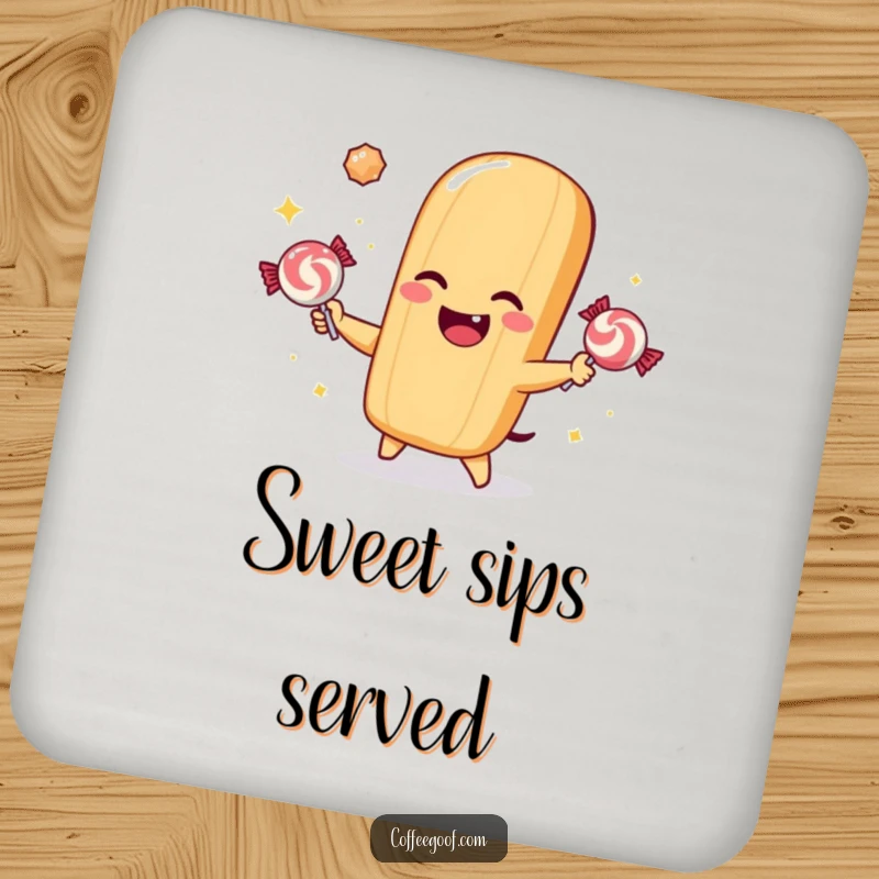 Funny coaster showing a winking baguette character juggling sparkling candies, adding a playful touch.