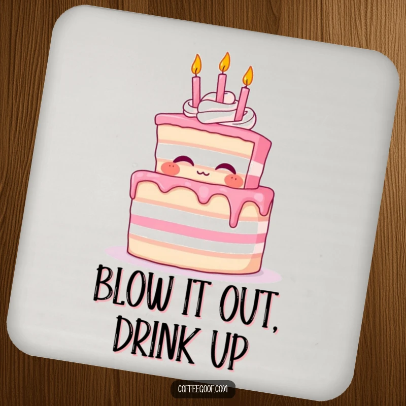 Funny Cake Coaster featuring a proud cake character blowing out small whimsical birthday candles, protecting surfaces with humor.