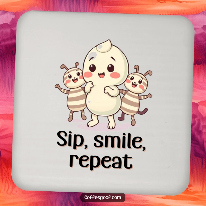 Funny Candy Coaster featuring a playful candy character doing a little jig with its striped companions, protecting surfaces.
