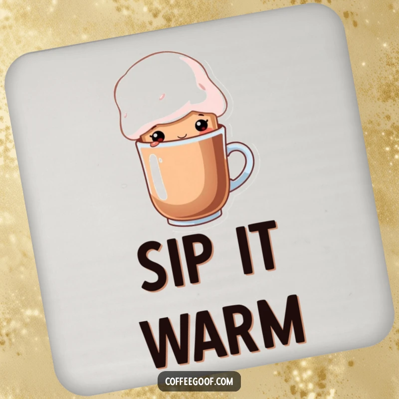 Funny cup of cocoa character wearing a whimsical marshmallow hat on a round drink coaster, a cozy cartoon accessory