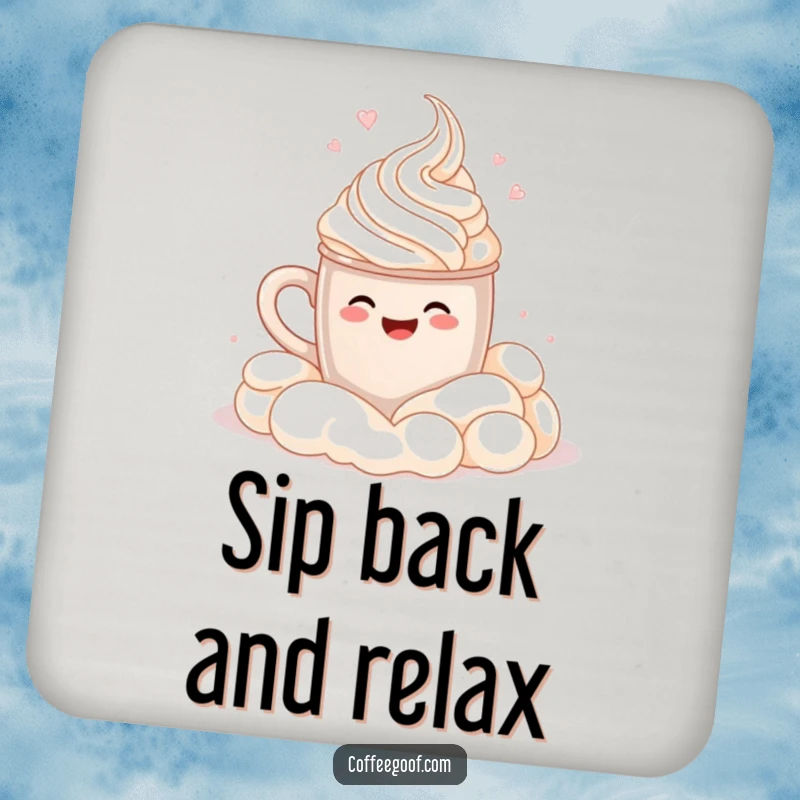 Funny Drink Coaster: A smiling cocoa mug cannonballs into whipped cream, protecting surfaces with a humorous and decadent design.