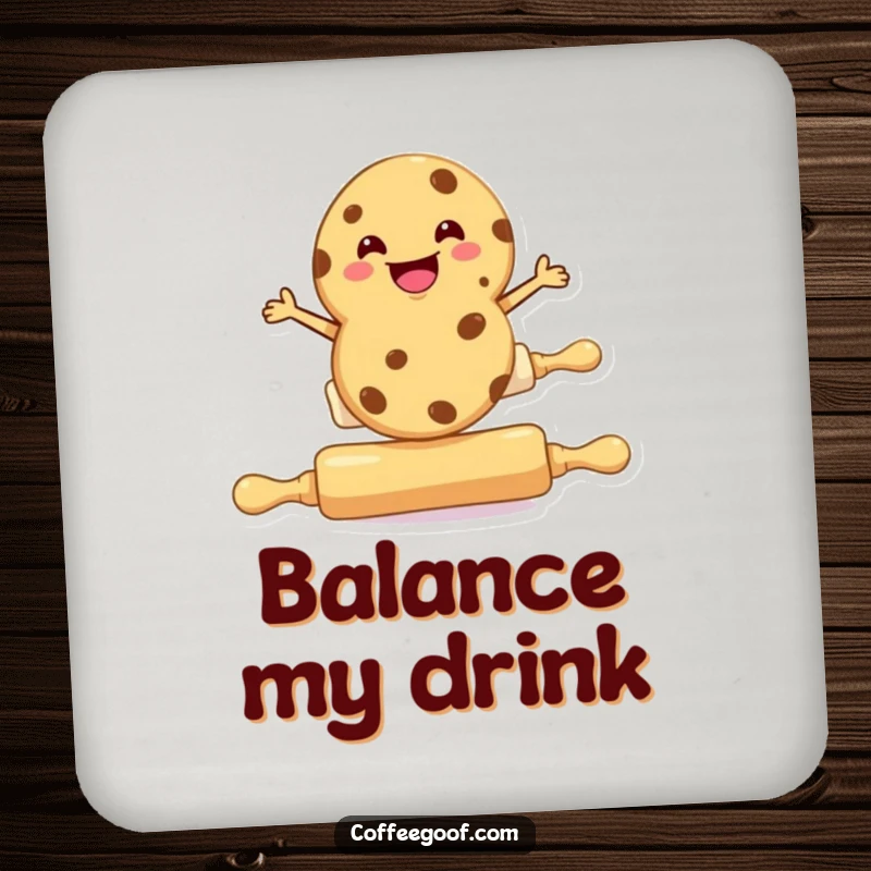 Funny cookie coaster, a cookie character balancing on a rolling pin, protecting surfaces with baking charm.