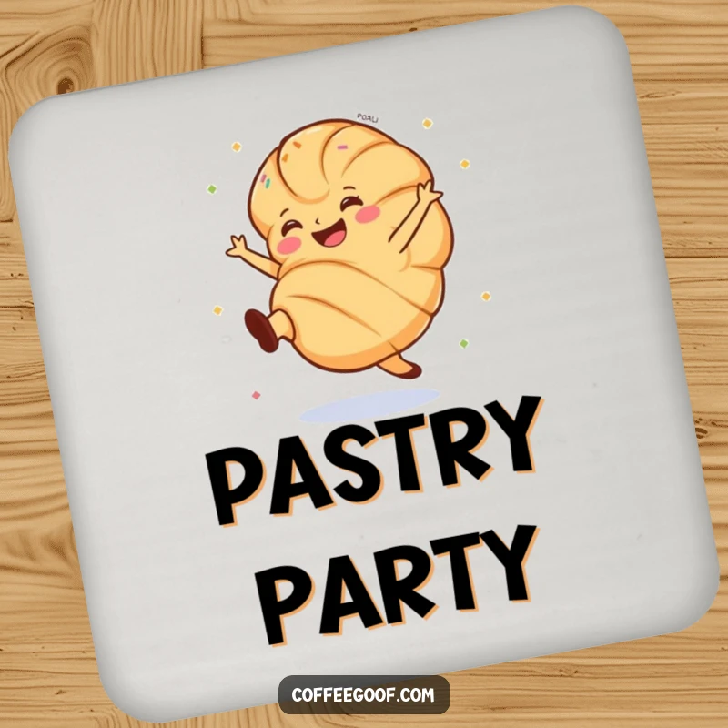 Funny croissant drink coaster decorated with a grinning pastry doing an enthusiastic cartwheel with sprinkles.