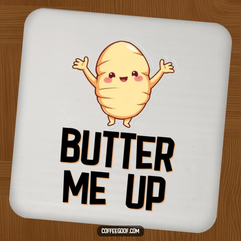 Funny croissant drink coaster featuring a jolly pastry posing proudly with arms akimbo, protecting surfaces with humorous charm.