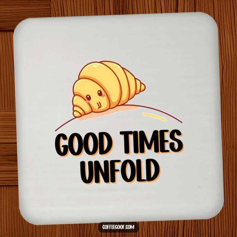 Funny Croissant Drink Coaster: Cheerful croissant character rolling down a gentle hill, protecting surfaces with playful charm.