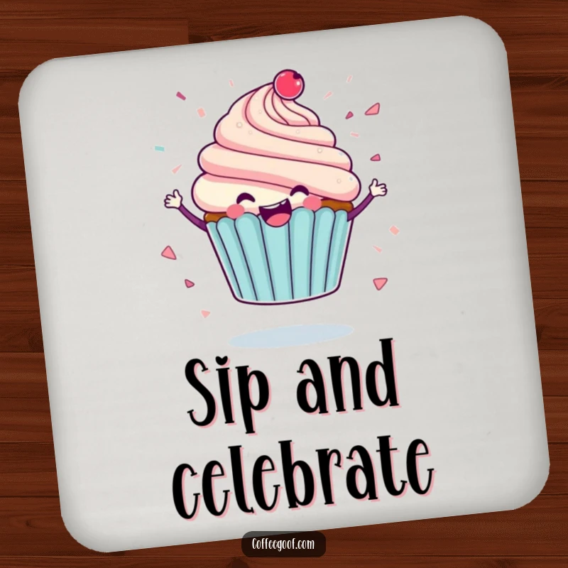Funny drink coaster with a delighted cupcake character spinning, icing flying like confetti, providing humorous protection for tabletops.