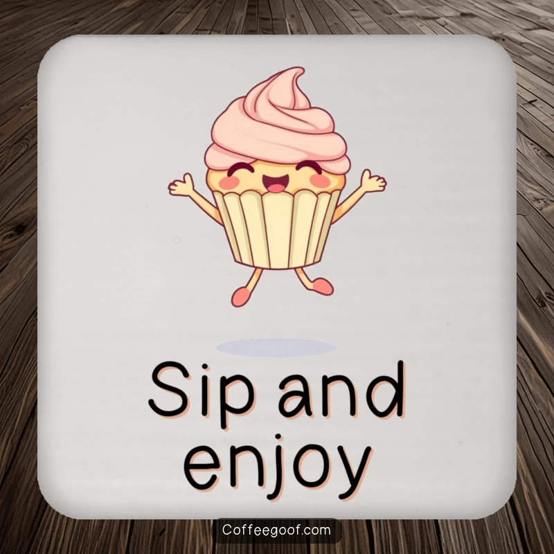 Funny Cupcake Coasters featuring a delighted anthropomorphic cupcake performing a bubbly jump, adding humor to drink service.