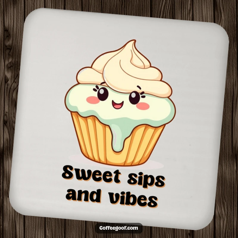 Funny cupcake coaster featuring a happy cupcake with melting frosting dancing, adding humorous protection to your surfaces.