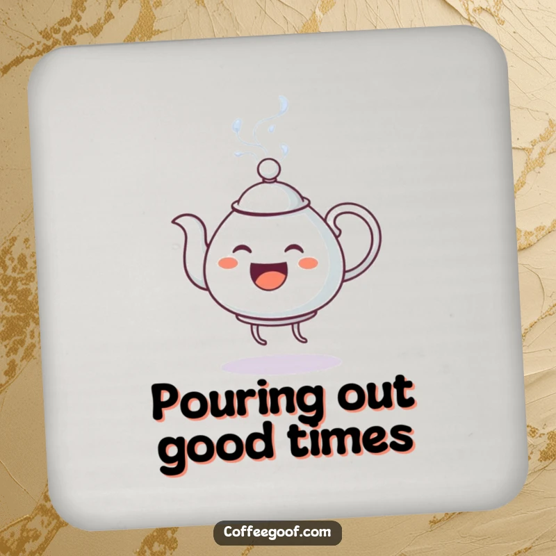 Funny Drink Coaster: An anthropomorphic teapot dances gleefully, spouting steam, protecting surfaces with a humorous design.