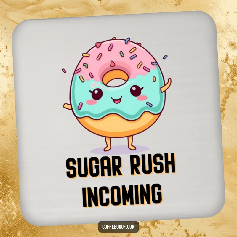 Funny Donut Coaster featuring a delightful donut with energetic dancing sprinkles, protecting surfaces with sweetness.