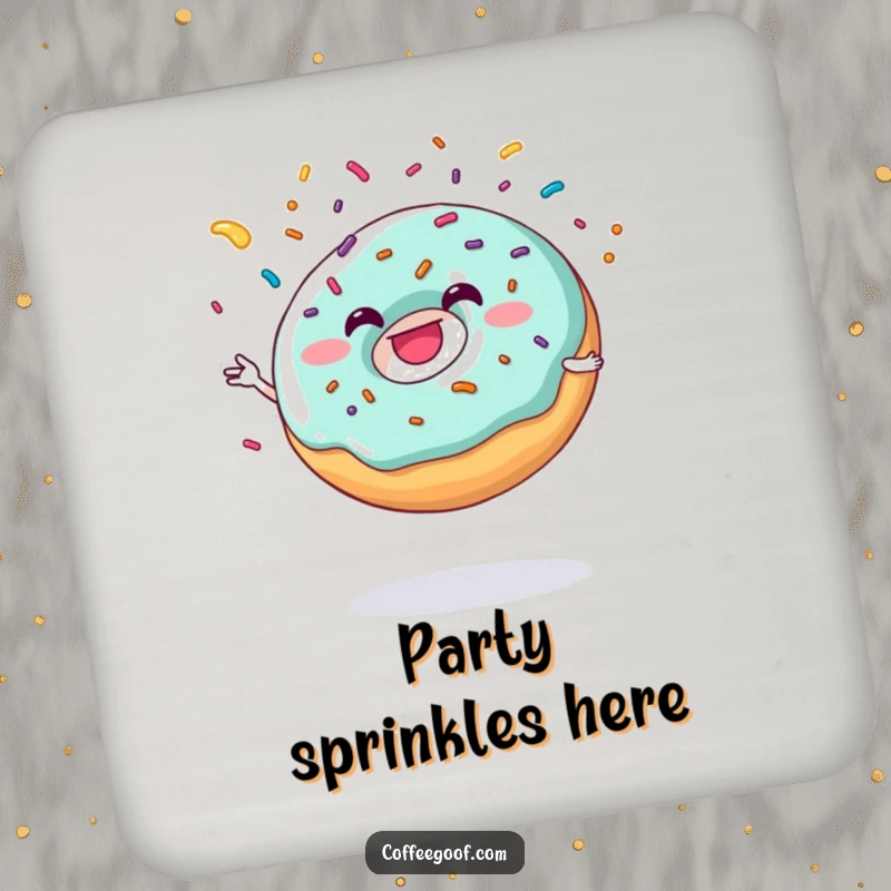 Funny donut character juggling sprinkles, designed as a coaster for surface protection.