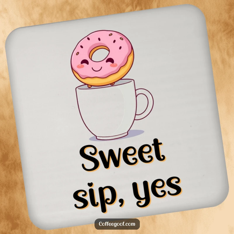 Funny coaster depicting a happy donut jumping over a steaming mug, offering surface protection with a delightful and humorous design.